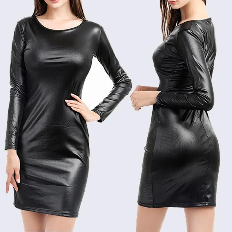 Sexy Nightclub Dress Faux Leather Long Sleeve O-Neck