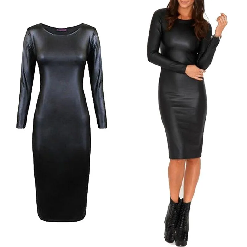 Sexy Nightclub Dress Faux Leather Long Sleeve O-Neck