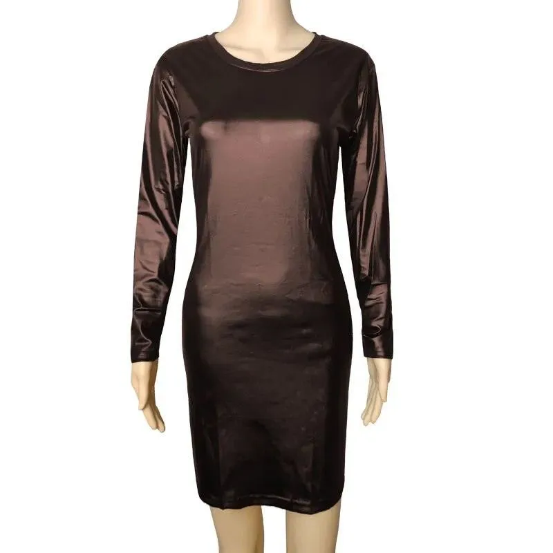 Sexy Nightclub Dress Faux Leather Long Sleeve O-Neck