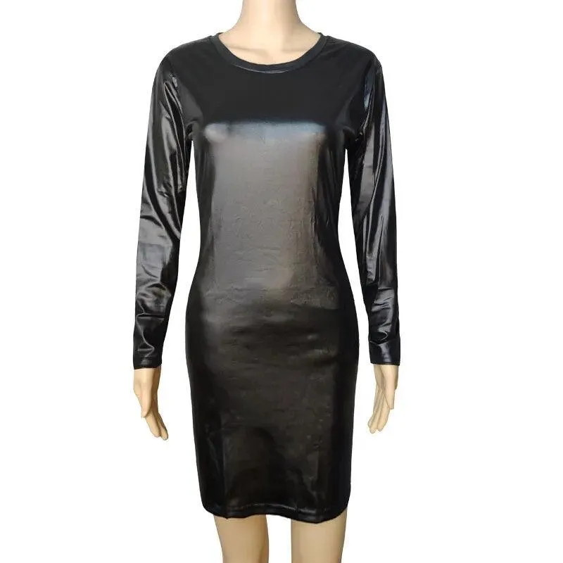 Sexy Nightclub Dress Faux Leather Long Sleeve O-Neck