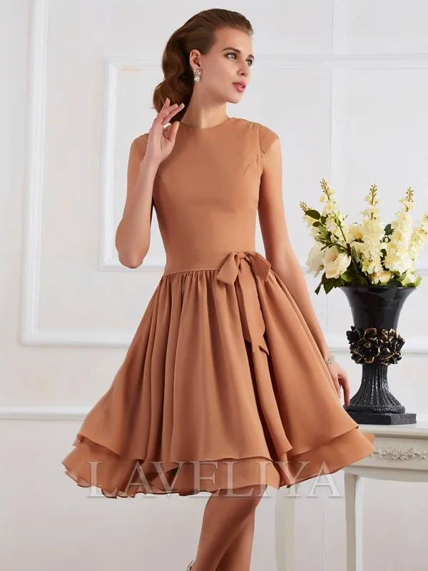 Sheath High Neck Bow Knee-Length Chiffon Bridesmaid Dress  #ZB230010