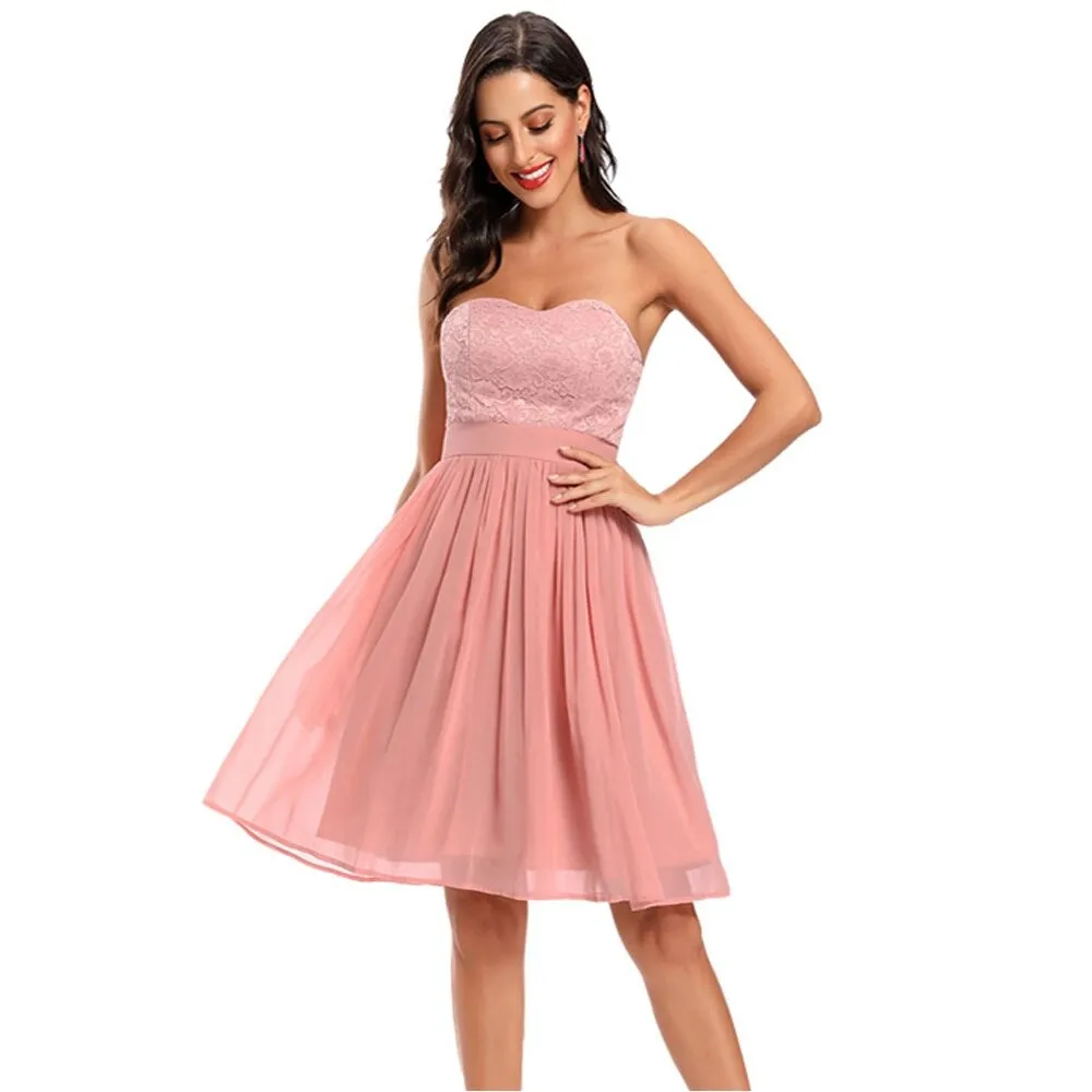 Short Pink Formal Strapless Off Shoulder High Waist Lace Chiffon Knee Length Evening Party Dress