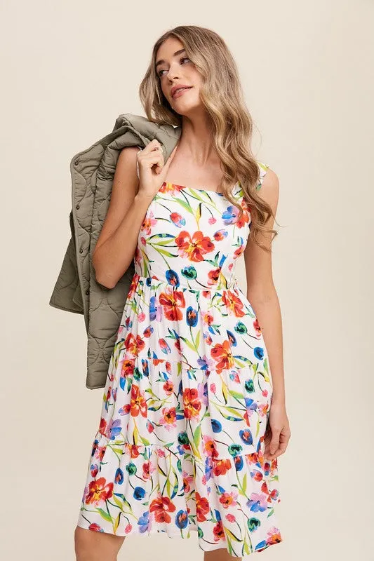 Sleeveless Floral Print Square Neck Dress