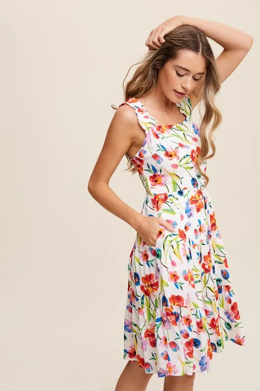 Sleeveless Floral Print Square Neck Dress