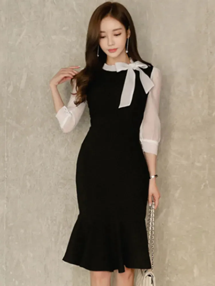 Stitched Bow Tie Seven-Point Sleeve Temperament Bag Hip Fishtail Dress