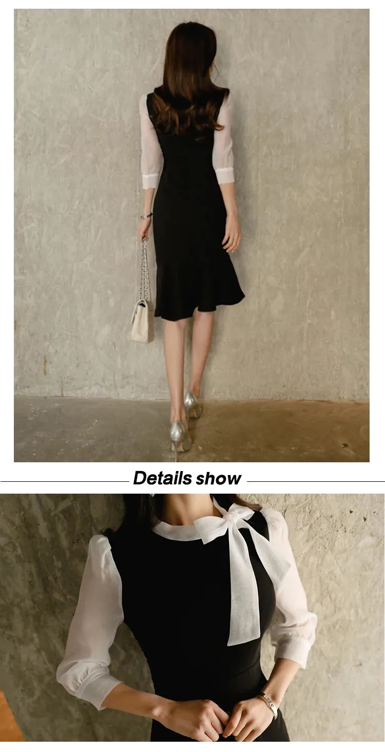 Stitched Bow Tie Seven-Point Sleeve Temperament Bag Hip Fishtail Dress