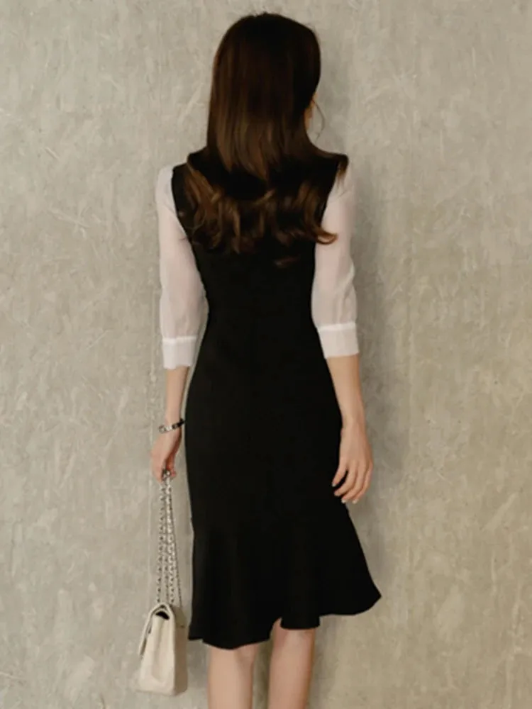 Stitched Bow Tie Seven-Point Sleeve Temperament Bag Hip Fishtail Dress