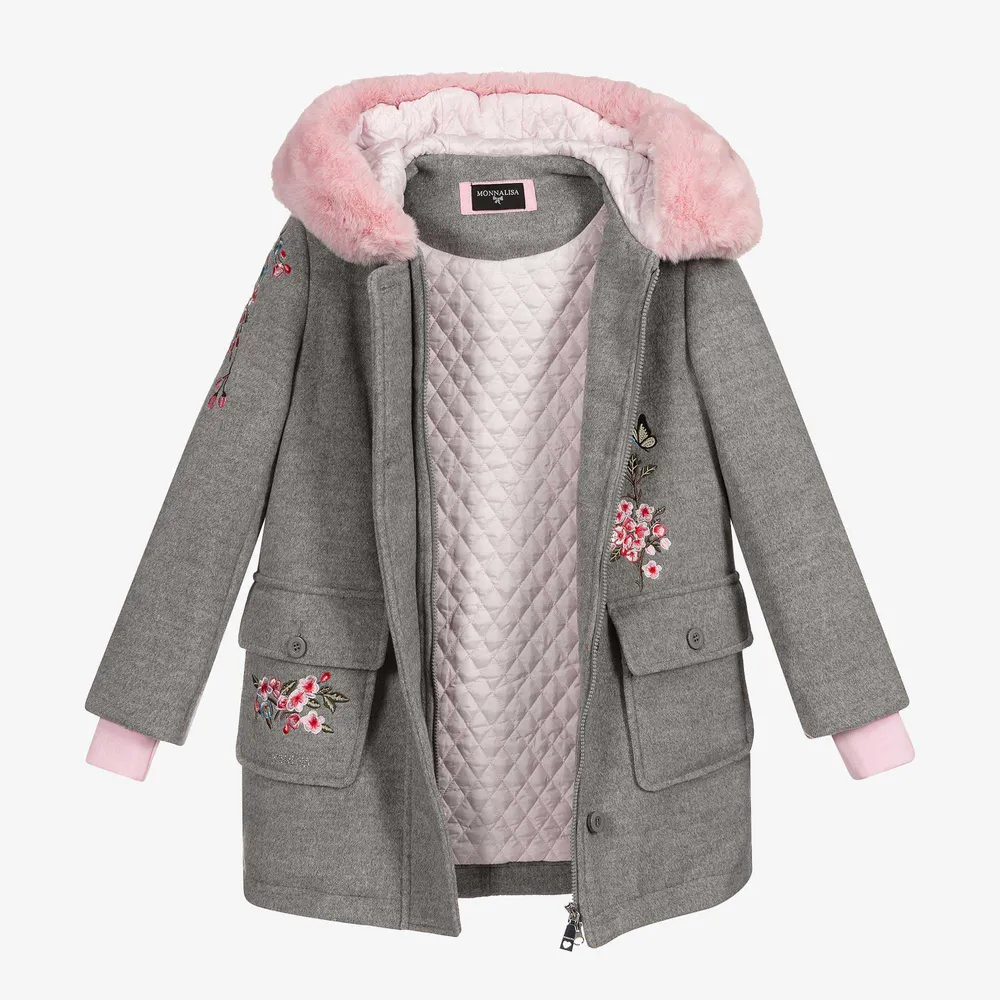 Teen Girls Grey Floral Coat