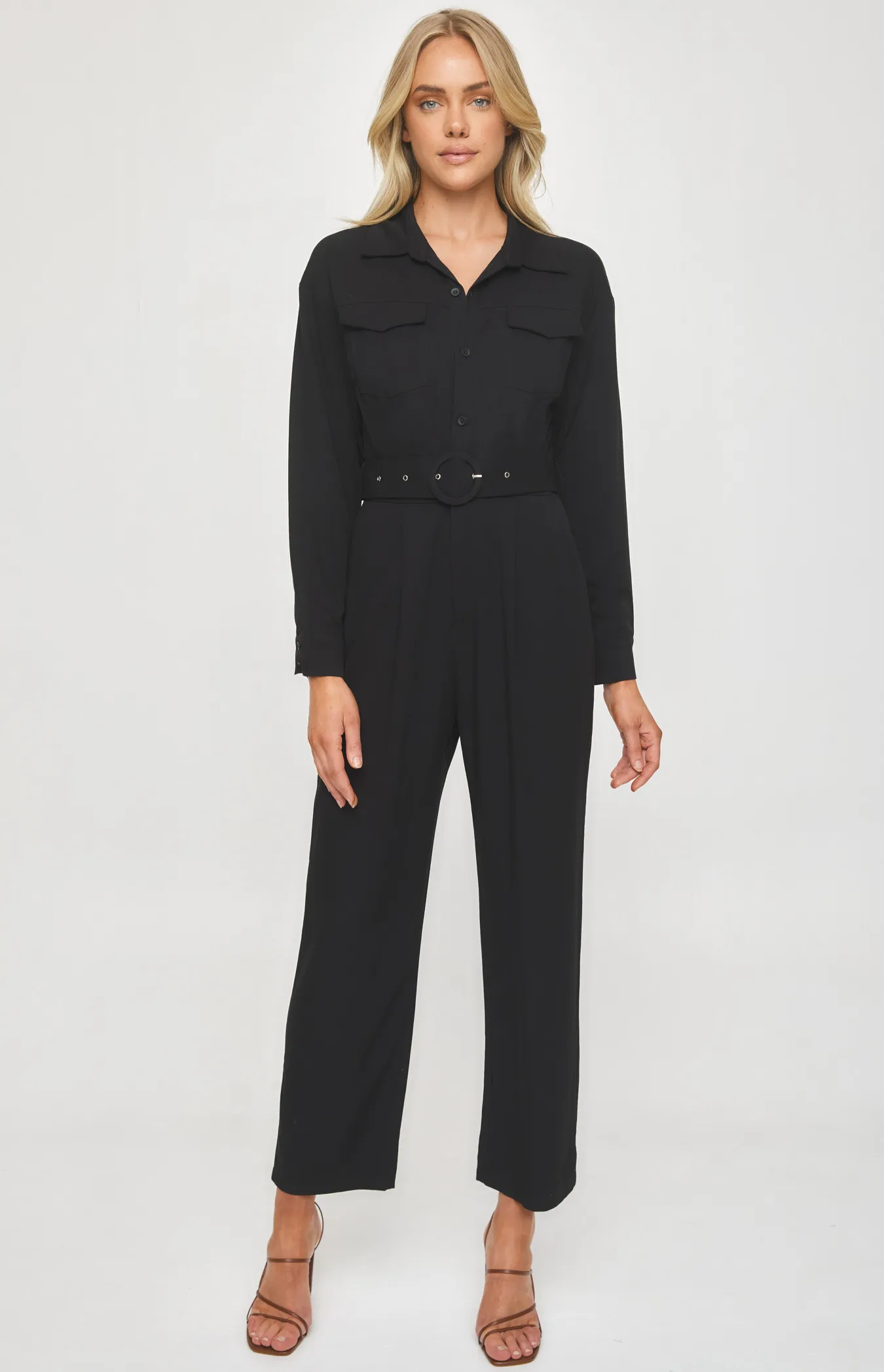 Utility Jumpsuit with Round Buckle and Front Pockets (SJP528A)