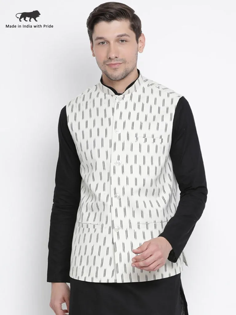 VASTRAMAY Men's White Cotton Ethnic Jacket