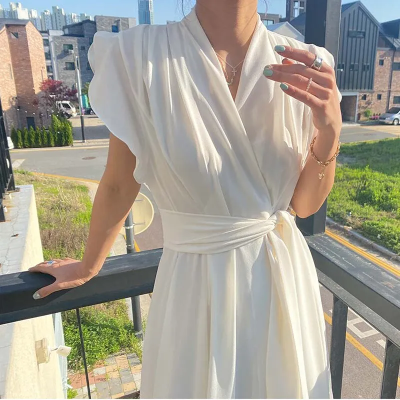 Women Summer Chiffon Ruffled Dress With Belt Short Sleeve Party Mid-Length  Summer New Office Lady Clothing  Vestidos