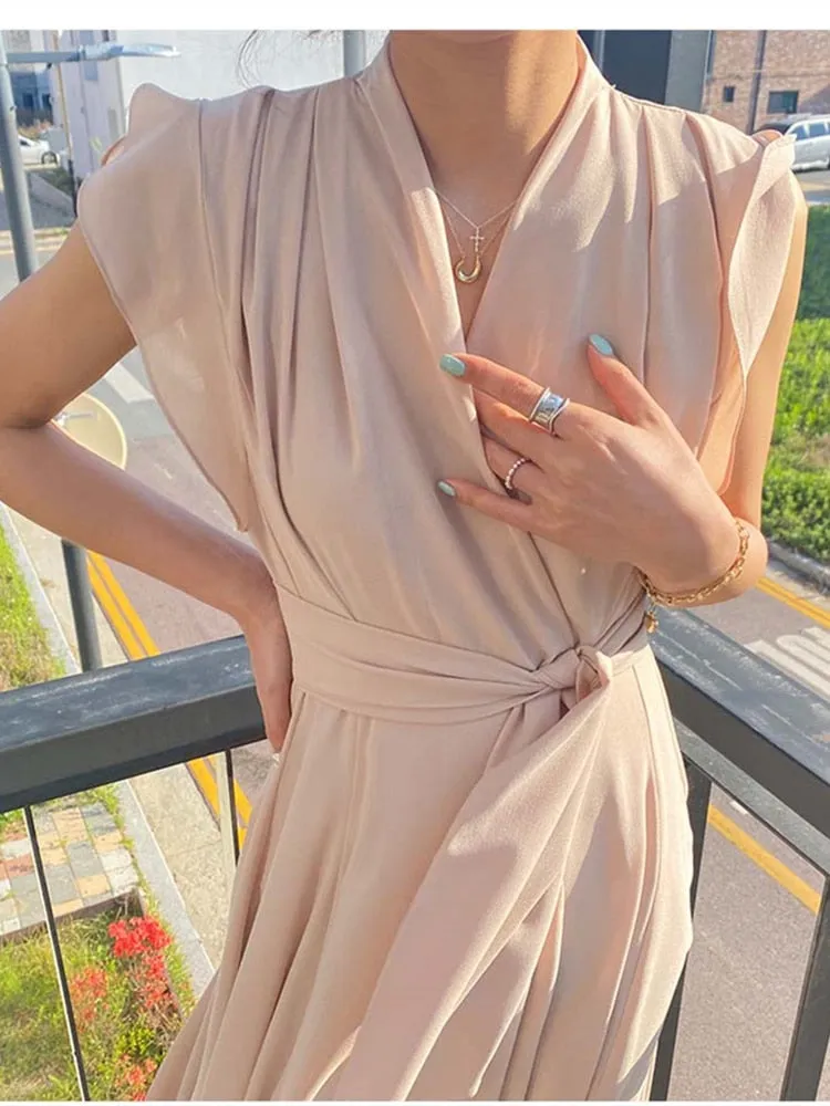 Women Summer Chiffon Ruffled Dress With Belt Short Sleeve Party Mid-Length  Summer New Office Lady Clothing  Vestidos