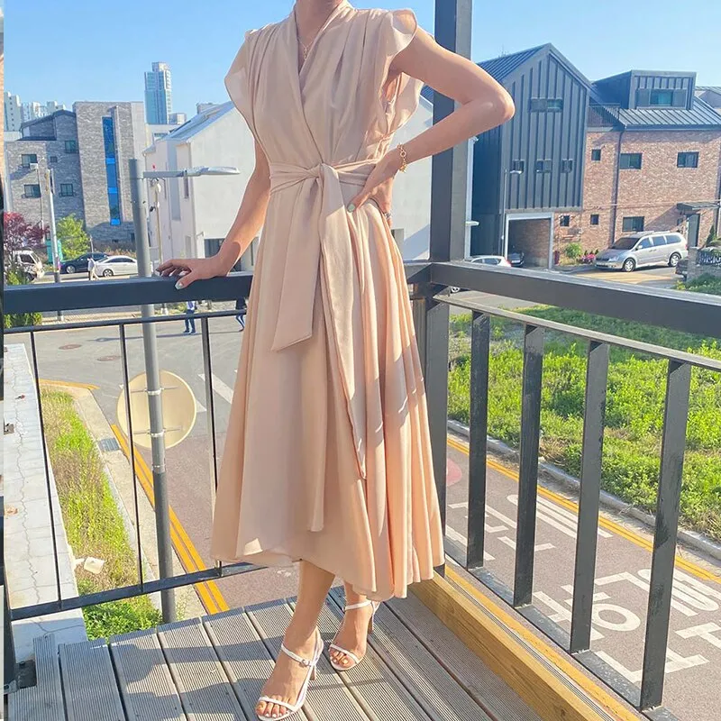 Women Summer Chiffon Ruffled Dress With Belt Short Sleeve Party Mid-Length  Summer New Office Lady Clothing  Vestidos