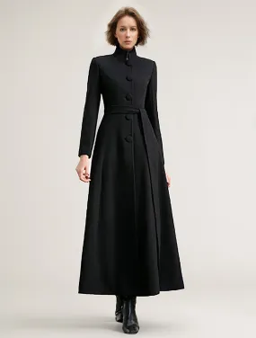 Women's Coat Black Sash Winter Full Length Warm Winter Wool Blend Coat 2024