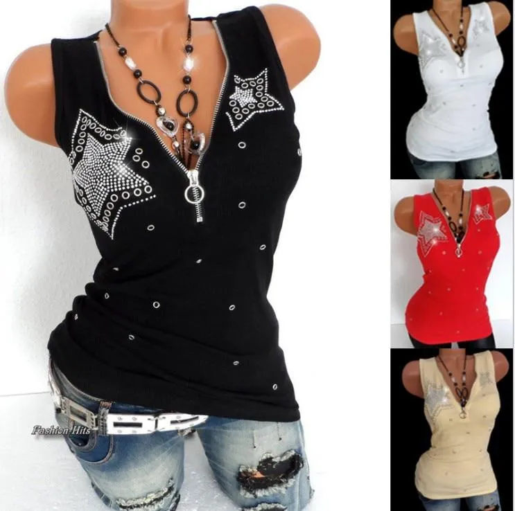 Women's Full Cotton V Neck Diamond Zipper Sleeveless Black Red T-shirts