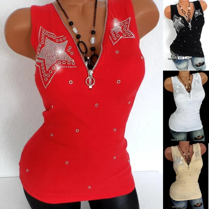 Women's Full Cotton V Neck Diamond Zipper Sleeveless Black Red T-shirts