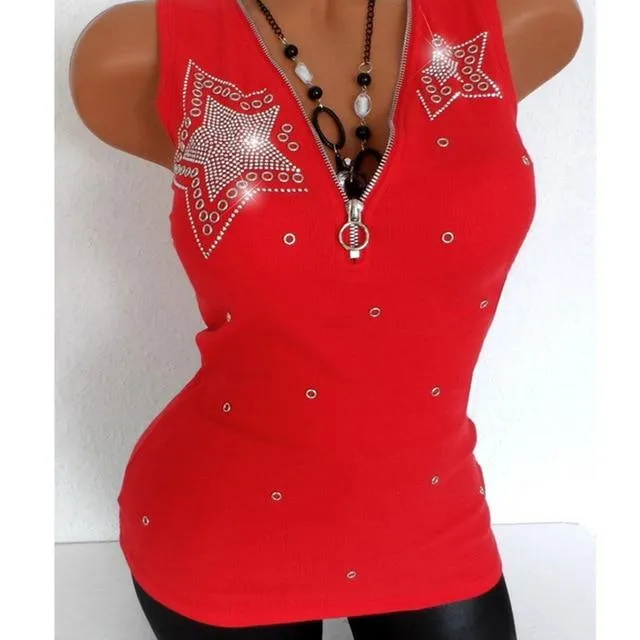 Women's Full Cotton V Neck Diamond Zipper Sleeveless Black Red T-shirts