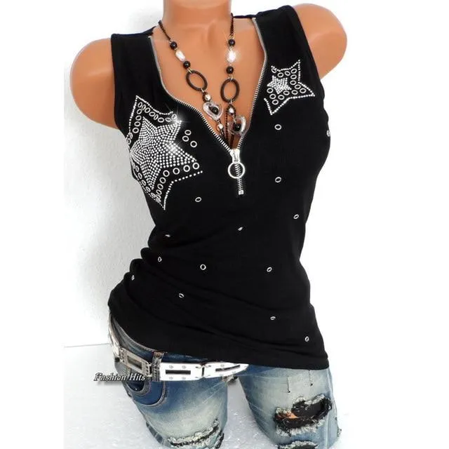 Women's Full Cotton V Neck Diamond Zipper Sleeveless Black Red T-shirts