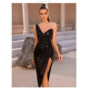 Women's Summer Sequins Decor Sleeveless Party Wear Knee-Length Dress